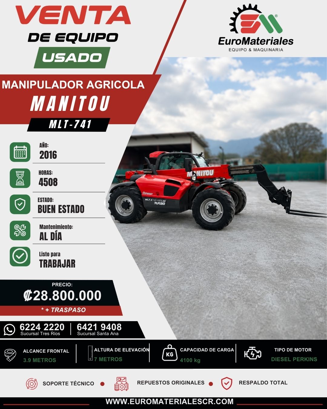 MANIPULADOR AGRICOLA MLT 741 MANITOU USADO AÑO 2016